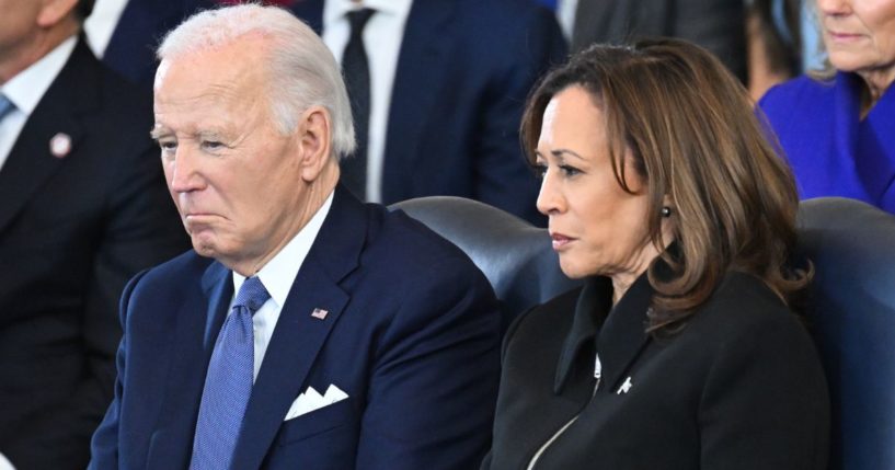 Former President Joe Biden, left, and former Vice President Kamala Harris, right, attend the inauguration of President Donald Trump in the Capitol Rotunda in Washington, D.C., on Monday.