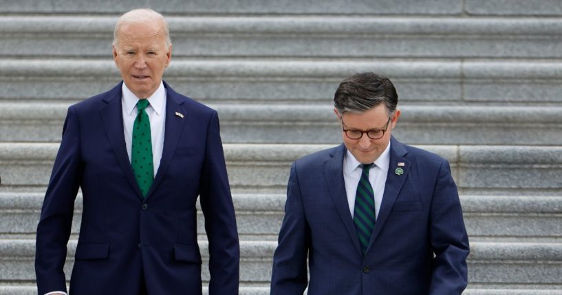 President Joe Biden and Speaker of the House Mike Johnson walk out of the U.S. Capitol on March 15, 2023, in Washington, DC.