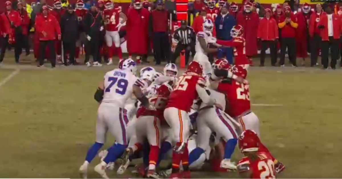 The Buffalo Bills attempt a fourth-down conversion against the Kansas City Chiefs in the AFC Championship Game in Kansas City, Missouri, on Sunday.