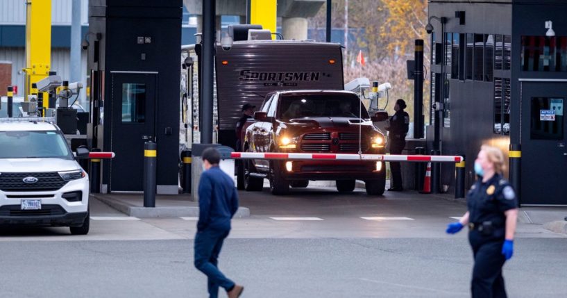 Travelers from Canada pass through the I-91 Derby border crossing on November 8, 2021.