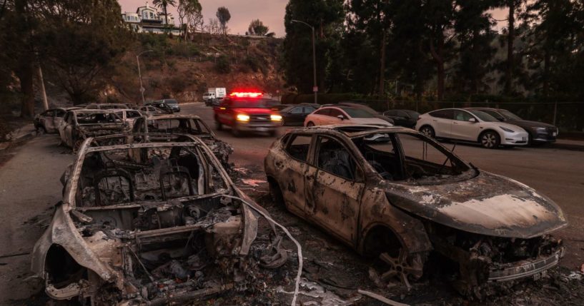 Scores of cars burned after being pushed out of the way by firefighters trying to reach the Pacific Palisades neighborhood of Los Angeles, California, on Jan. 10.