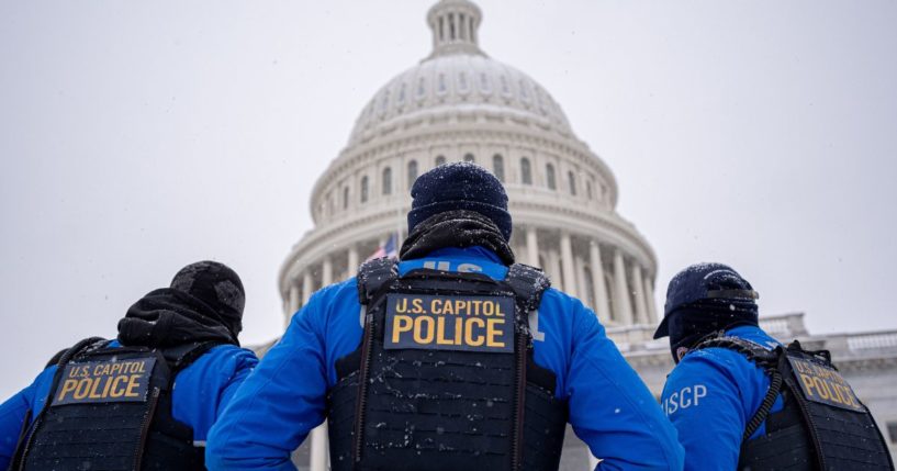 U.S. Capitol Police officers stand guard outside the U.S. Capitol in Washington, D.C., on Monday.