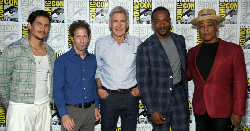 Cast members for "Captain America: Brave New World" - Danny Ramirez, Tim Blake Nelson, Harrison Ford, Anthony Mackie, and Giancarlo Esposito - attend the Marvel Studios Panel at San Diego Comic Con in San Diego, California, on July 27.