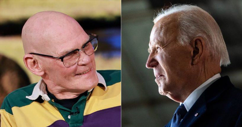 Democratic strategist James Carville, left, has said that former President Joe Biden, right, should remain out of the political spotlight following the 2024 presidential election.