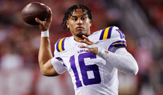 Colin Hurley of the LSU Tigers warms up during a game against the Arkansas Razorbacks in Fayetteville, Arkansas, on Oct. 19.