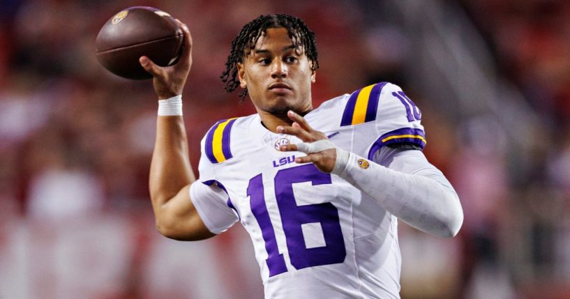 Colin Hurley of the LSU Tigers warms up during a game against the Arkansas Razorbacks in Fayetteville, Arkansas, on Oct. 19.