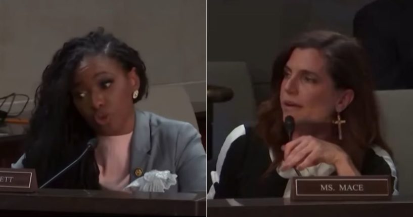 During a Tuesday House Oversight and Accountability Committee, Rep. Jasmine Crockett, left, called Rep. Nancy Mace a, right, a child, which resulted in an escalated back and forth.