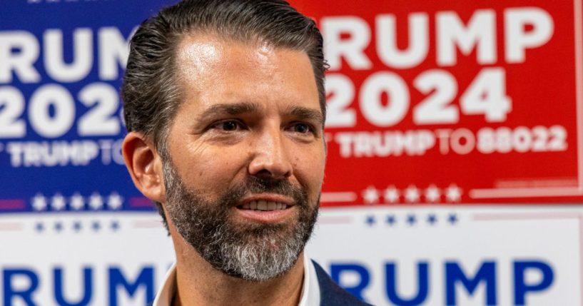 Donald Trump Jr. speaks to the media at a rally for his father in Charleston, South Carolina, on Feb. 23.