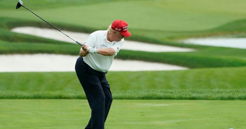 Donald Trump plays golf during the Official Pro-Am Tournament ahead of the LIV Golf Invitational Series event at Trump National Golf Club Bedminster in Bedminster, New Jersey, on Aug. 10.