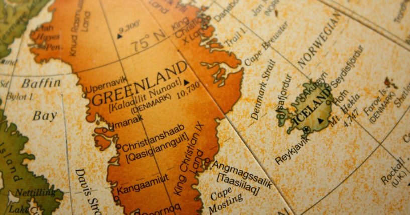 An old map shows Greenland and Iceland.