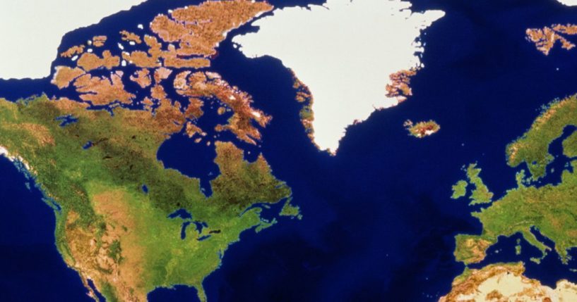 This map shows most of North America, including Greenland, white.