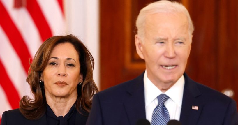 Vice President Kamala Harris, left, looks on as President Joe Biden delivers remarks on the recently announced cease-fire deal between Israel and Hamas in the Cross Hall of the White House in Washington, D.C., on Wednesday.