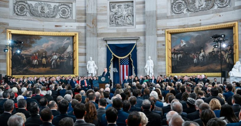 President Donald Trump speaks after being sworn in during his inauguration in the U.S. Capitol Rotunda on January 20, 2025 in Washington, D.C.