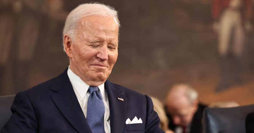 Former President Joe Biden listen as President Donald Trump speaks during inauguration ceremonies in the Rotunda of the U.S. Capitol in Washington, D.C., on Monday.