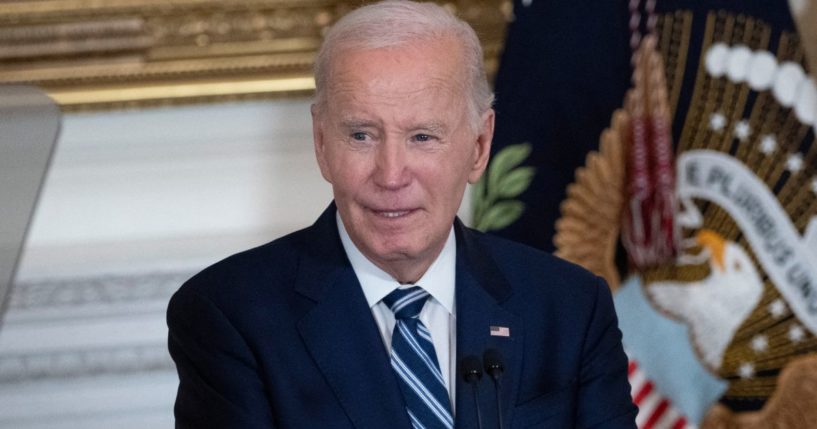 President Joe Biden delivers remarks at a reception for new Democratic members of Congress at the State Dining Room of the White House in Washington, D.C., on Sunday.