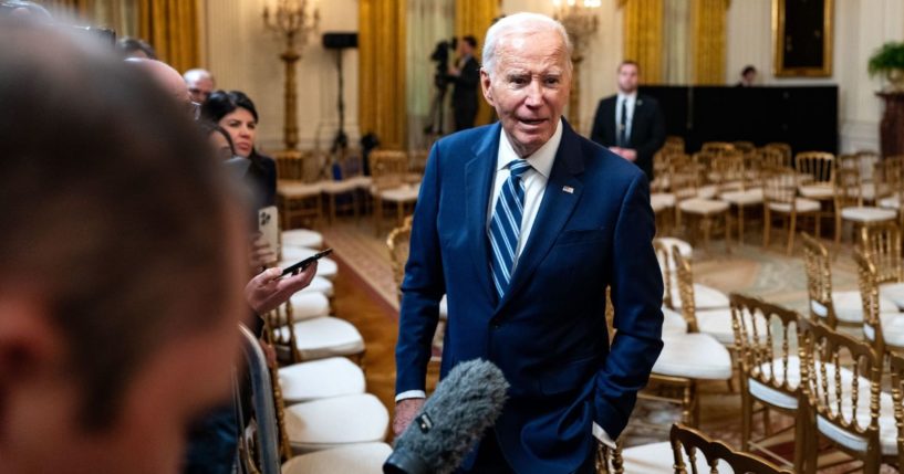 President Joe Biden speaks to members of the media following an event where he signed the Social Security Fairness Act in the East Room of the White House in Washington, D.C., on Sunday.