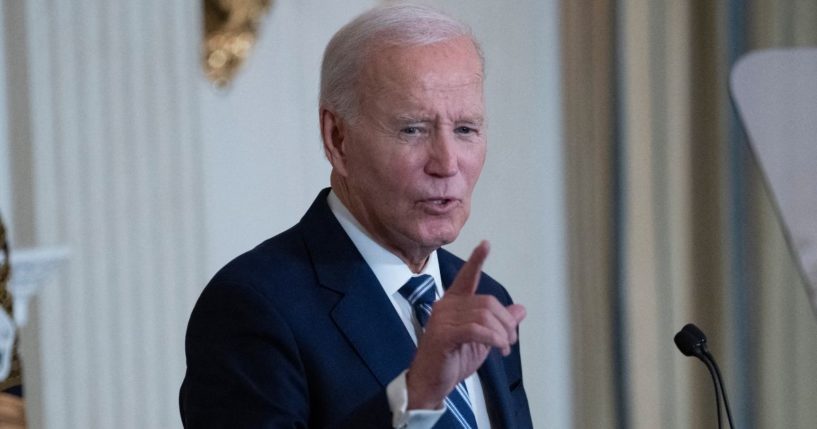 President Joe Biden delivers remarks at a reception for new Democratic members of Congress at the State Dining Room of the White House in Washington, D.C., on Sunday.