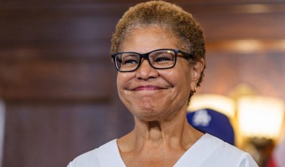 Los Angeles Mayor Karen Bass smiles while congratulating the Los Angeles Dodgers for their World Series win on Oct. 31.