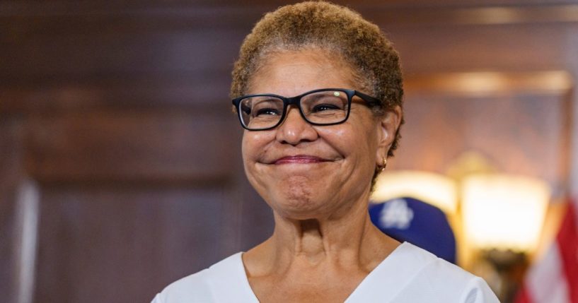 Los Angeles Mayor Karen Bass smiles while congratulating the Los Angeles Dodgers for their World Series win on Oct. 31.