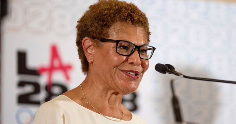 Los Angeles Mayor Karen Bass speaks at a reception at the U.S. Chief of Mission Residence in Paris, France, on July 27.