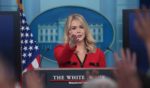 White House press secretary Karoline Leavitt speaks during a news briefing Friday at the White House in Washington, D.C.