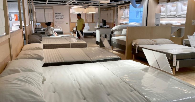 Mattresses are displayed for sale in an Ikea store on April 26, 2022, in Burbank, California.