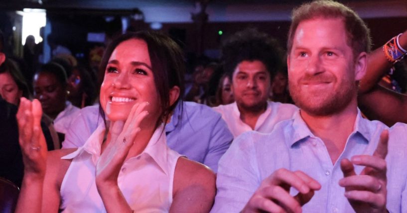 Meghan, Duchess of Sussex, left, and Prince Harry attend the Afro-Descendant Women and Power: Voice of Equity in Cali, Colombia, on Aug. 18.