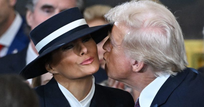 Melania Trump kisses then-President-elect Donald Trump as he arrives for the inauguration ceremony in the U.S. Capitol Rotunda in Washington, D.C., on Monday.