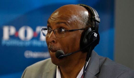 Michael Steele talks with Dan Rather while appearing on his show, "Dan Rather's America," on SiriusXM in Cleveland, Ohio, on July 20, 2016.