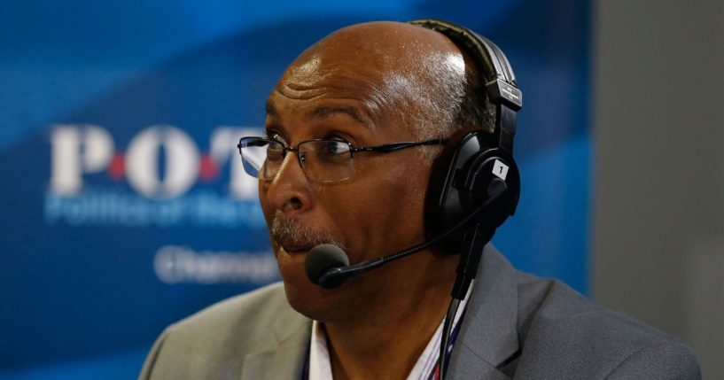 Michael Steele talks with Dan Rather while appearing on his show, "Dan Rather's America," on SiriusXM in Cleveland, Ohio, on July 20, 2016.