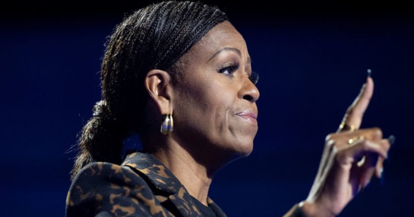 Former first lady Michelle Obama speaks during a campaign rally for Vice President Kamala Harris in Kalamazoo, Michigan, on Oct. 26.