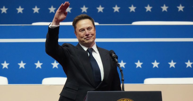 Tesla, SpaceX and X CEO Elon Musk gestures while speaking during an inauguration event at Capital One Arena on January 20, 2025 in Washington, D.C.