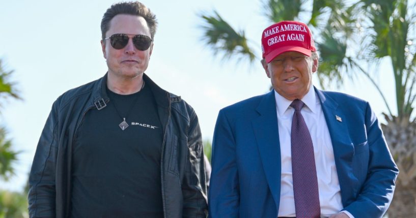 Elon Musk, left, and President-elect Donald Trump, right, attend a viewing of the launch of the sixth test flight of the SpaceX Starship rocket in Brownsville, Texas, on Nov. 19.