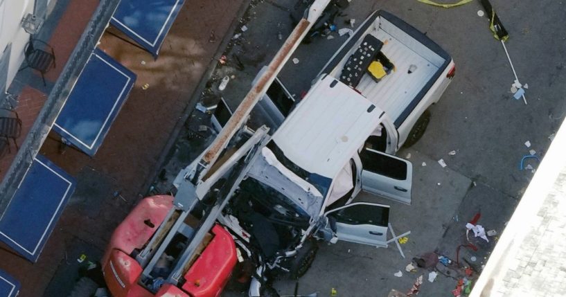 The truck used by Shamsud-Din Jabbar to drive through Bourbon Street in New Orleans on Wednesday morning during New Year's festivities is pictured from above as law enforcement investigates the scene.