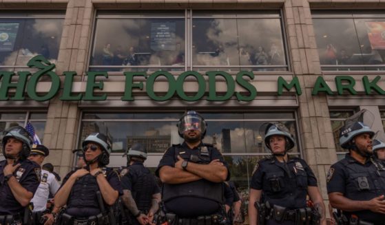 NYPD officers stand guard during a protest at Union Square in New York City on Sept. 2.