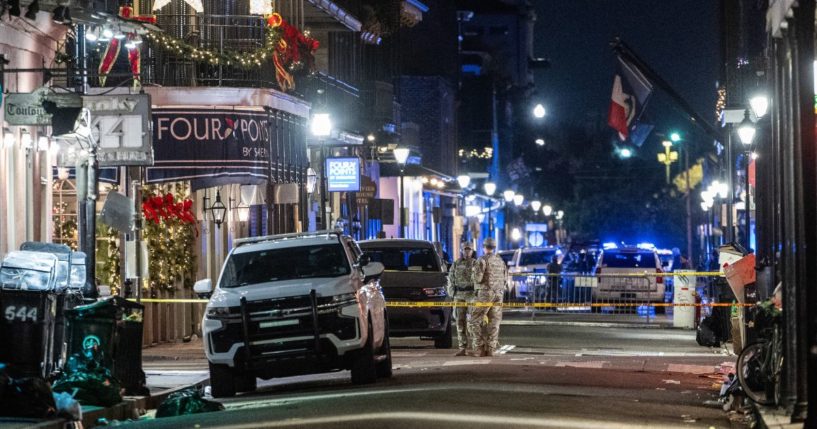 Members of the National Guard monitor a blocked off section of the French Quarter, after 14 people were killed during an attack early in the morning on January 1, 2025 in New Orleans, Louisiana.