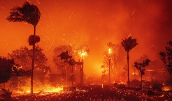 The Palisades Fire ravages a neighborhood amid high winds in the Pacific Palisades neighborhood of Los Angeles Tuesday.