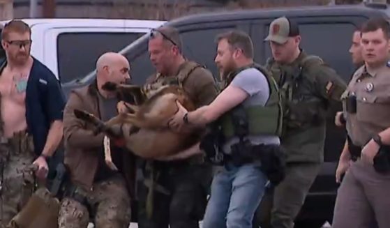 A K9 is shot and wounded as fellow officers rush it to a medivac helicopter.