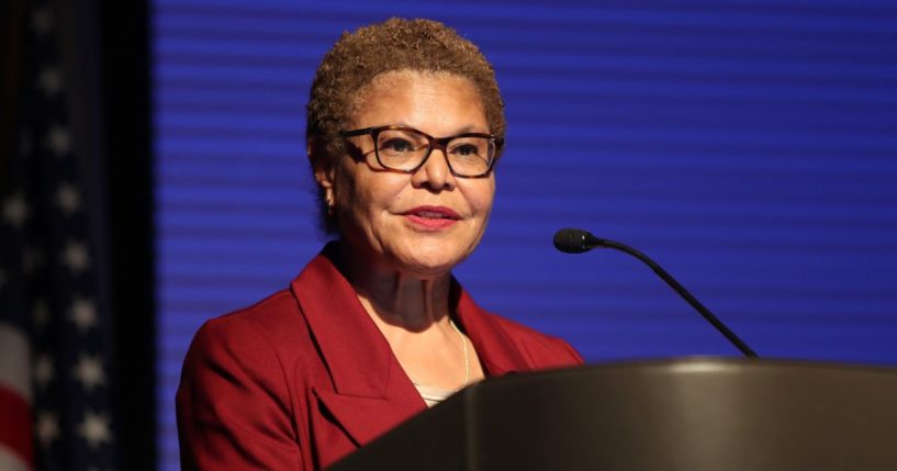 LA City Mayor Karen Bass speaks at the Museum Of Tolerance Commemoration of the one-year anniversary of the October 7 attacks at Museum Of Tolerance on October 06, 2024 in Los Angeles, California.