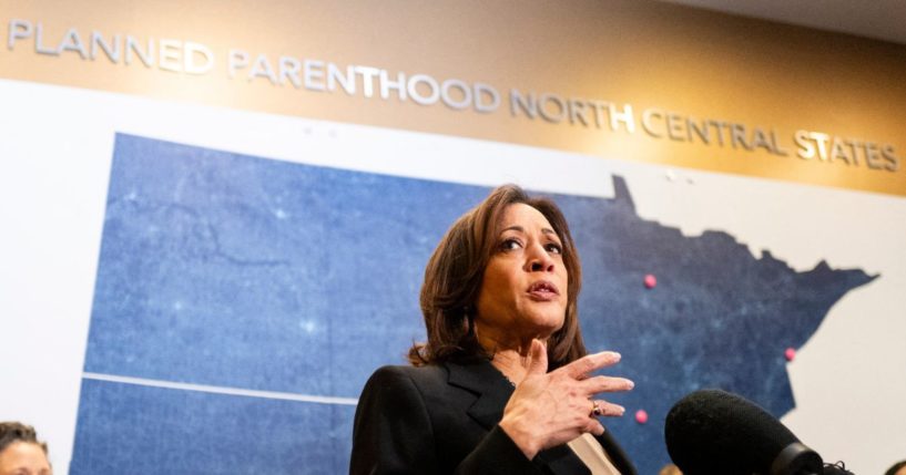 Vice President Kamala Harris speaks at a Planned Parenthood clinic in Saint Paul, Minnesota, on March 14.