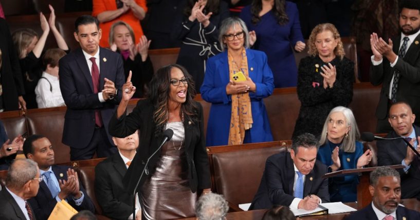 U.S. Del. Stacey Plaskett (D-VI) speaks as the House votes for Speaker of the House on the first day of the 119th Congress in the House Chamber of the U.S. Capitol Building on January 3, 2025 in Washington, D.C.