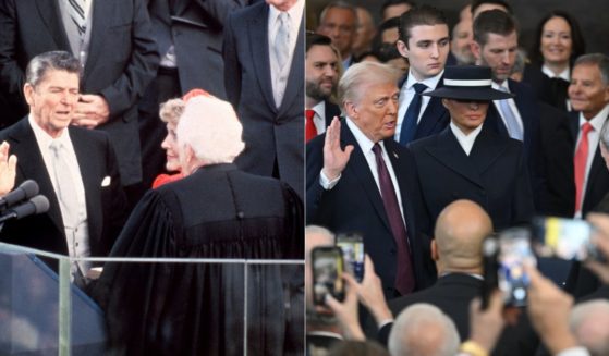 Former President Ronald Reagan, left, is sworn in as president of the United States in Washington, D.C., on Jan. 20, 1981. President Donald Trump, right, is sworn in as president of the United States in Washington, D.C., on Monday.