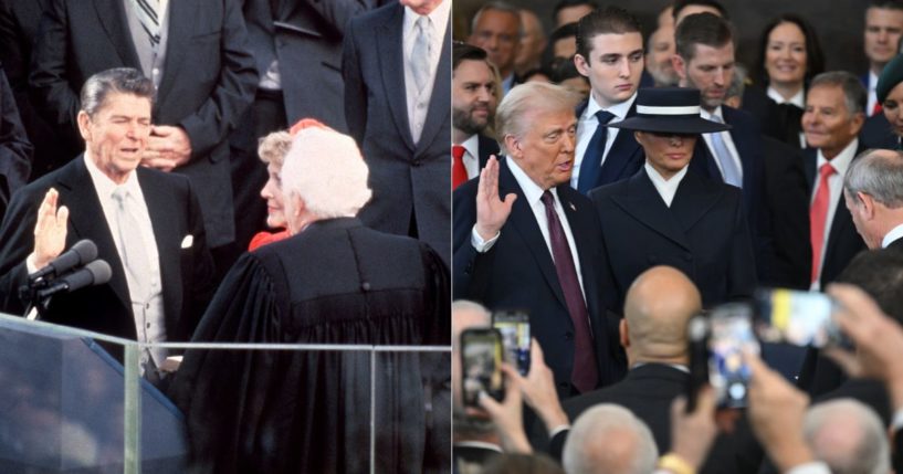 Former President Ronald Reagan, left, is sworn in as president of the United States in Washington, D.C., on Jan. 20, 1981. President Donald Trump, right, is sworn in as president of the United States in Washington, D.C., on Monday.