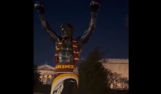 The iconic Rocky statue in Philadelphia, Pennsylvania, decked out in Redskins gear.