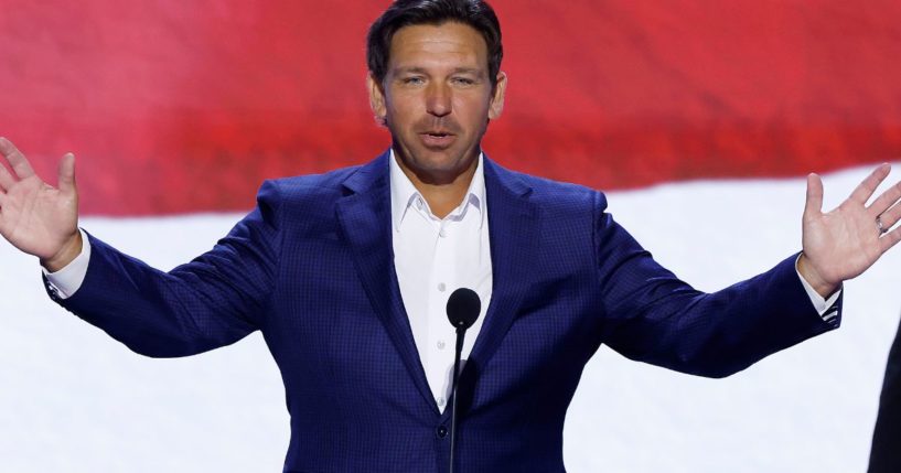 Florida Gov. Ron DeSantis speaks during preparations for the second day of the Republican National Convention in Milwaukee, Wisconsin, on July 16.