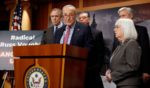 Senate Minority Leader Chuck Schumer, a New York Democrat, speaks alongside democratic members of the Senate Budget Committee at the Capitol Thursday in Washington, D.C. Senate democrats are protesting the Senate Budget committee's confirmation of Russell T. Vought to be Director of the Office of Management and Budget. Schumer was joined by Senate Budget Committee Ranking Member Sen. Jeff Merkley of Oregon, Sen. Alex Padilla of California, Sen. Sheldon Whitehouse of Rhode Island, and Sen. Patty Murray of Washington.