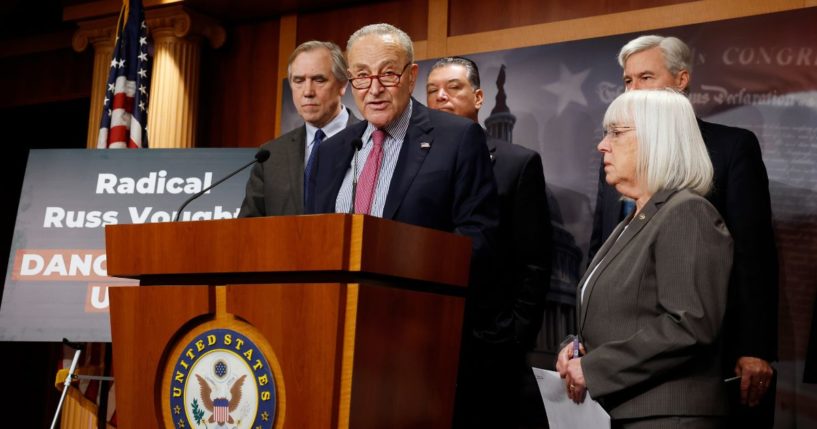 Senate Minority Leader Chuck Schumer, a New York Democrat, speaks alongside democratic members of the Senate Budget Committee at the Capitol Thursday in Washington, D.C. Senate democrats are protesting the Senate Budget committee's confirmation of Russell T. Vought to be Director of the Office of Management and Budget. Schumer was joined by Senate Budget Committee Ranking Member Sen. Jeff Merkley of Oregon, Sen. Alex Padilla of California, Sen. Sheldon Whitehouse of Rhode Island, and Sen. Patty Murray of Washington.