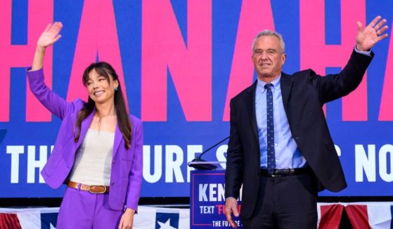 Then-independent president candidate Robert F Kennedy Jr., right, announces his vice presidential candidate Nicole Shanahan, left, in Oakland, California, on March 26.