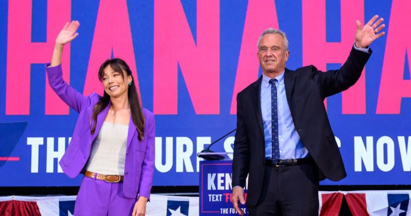 Then-independent president candidate Robert F Kennedy Jr., right, announces his vice presidential candidate Nicole Shanahan, left, in Oakland, California, on March 26.