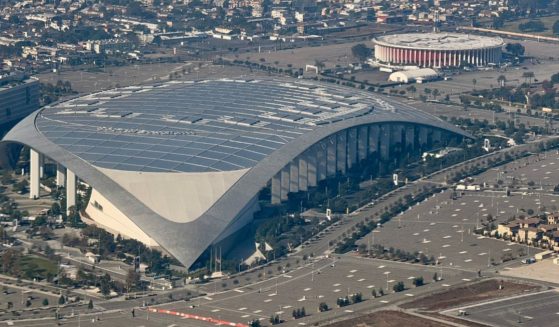 This aerial picture, taken Jan. 1, shows SoFi Stadium, the home of the National Football League's Los Angeles Rams, in Inglewood, California.